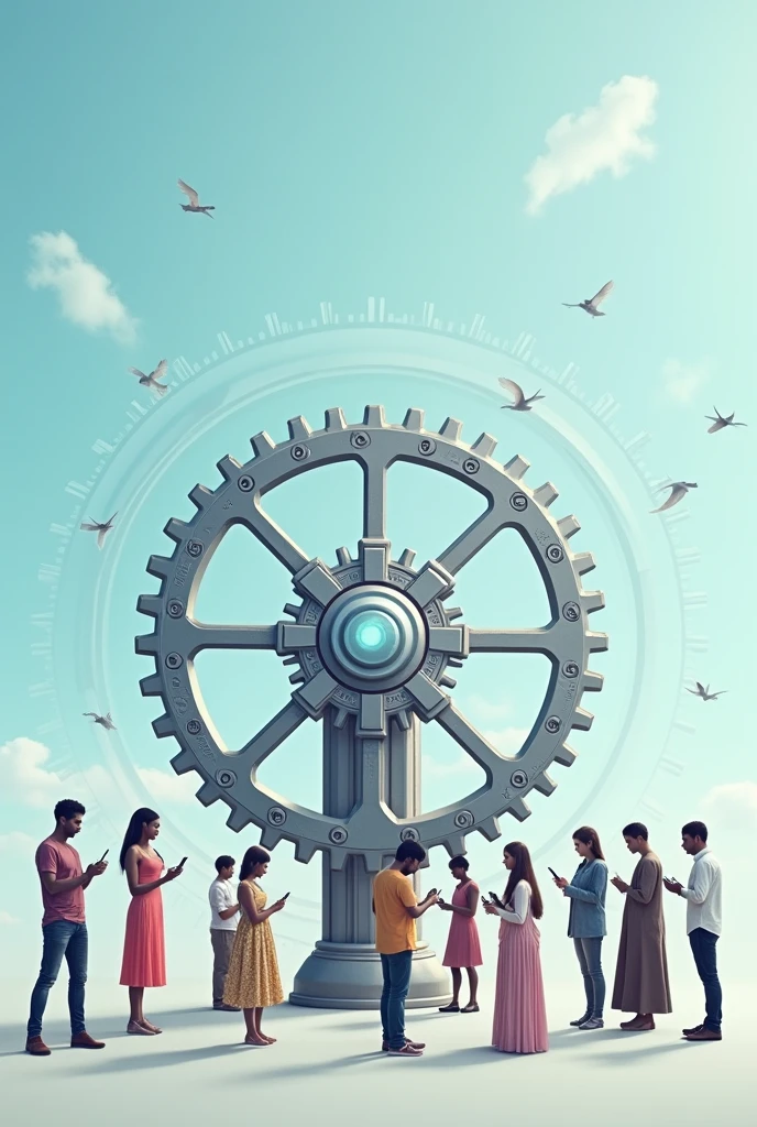 I want an image with a light blue background, where it shows that technology does not directly determine social outcomes, but its implications depend on how society chooses to use it
