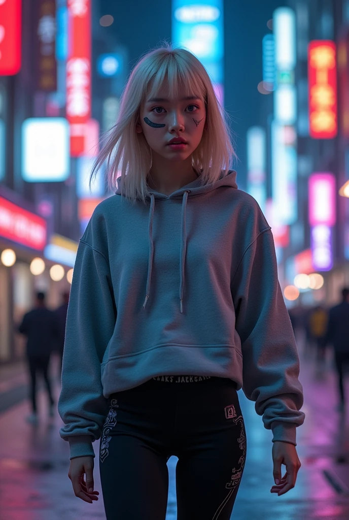 
 Young adult Asian Indigenous woman with shoulder-length blonde hair and white skin., violet eyes, scar on the face on his cheek and nose. annoyed. escaping, She wears a gray hoodie and black leggings, cyberpunk style