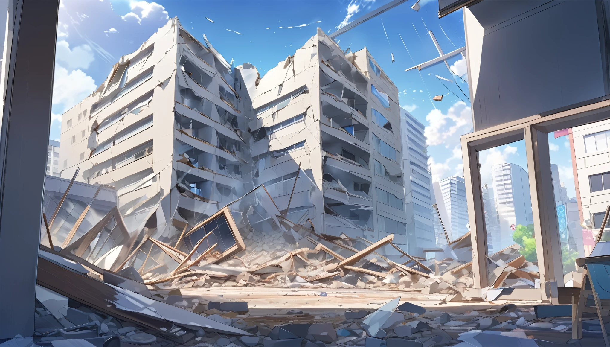 High definition、high resolution、Masterpiece、The building is destroyed、The building is leaning and about to collapse、Window glass is broken、The ground is cracking、earthquake、Tokyo Collapse、Daytime background、Confused people々、Makoto Shinkai style