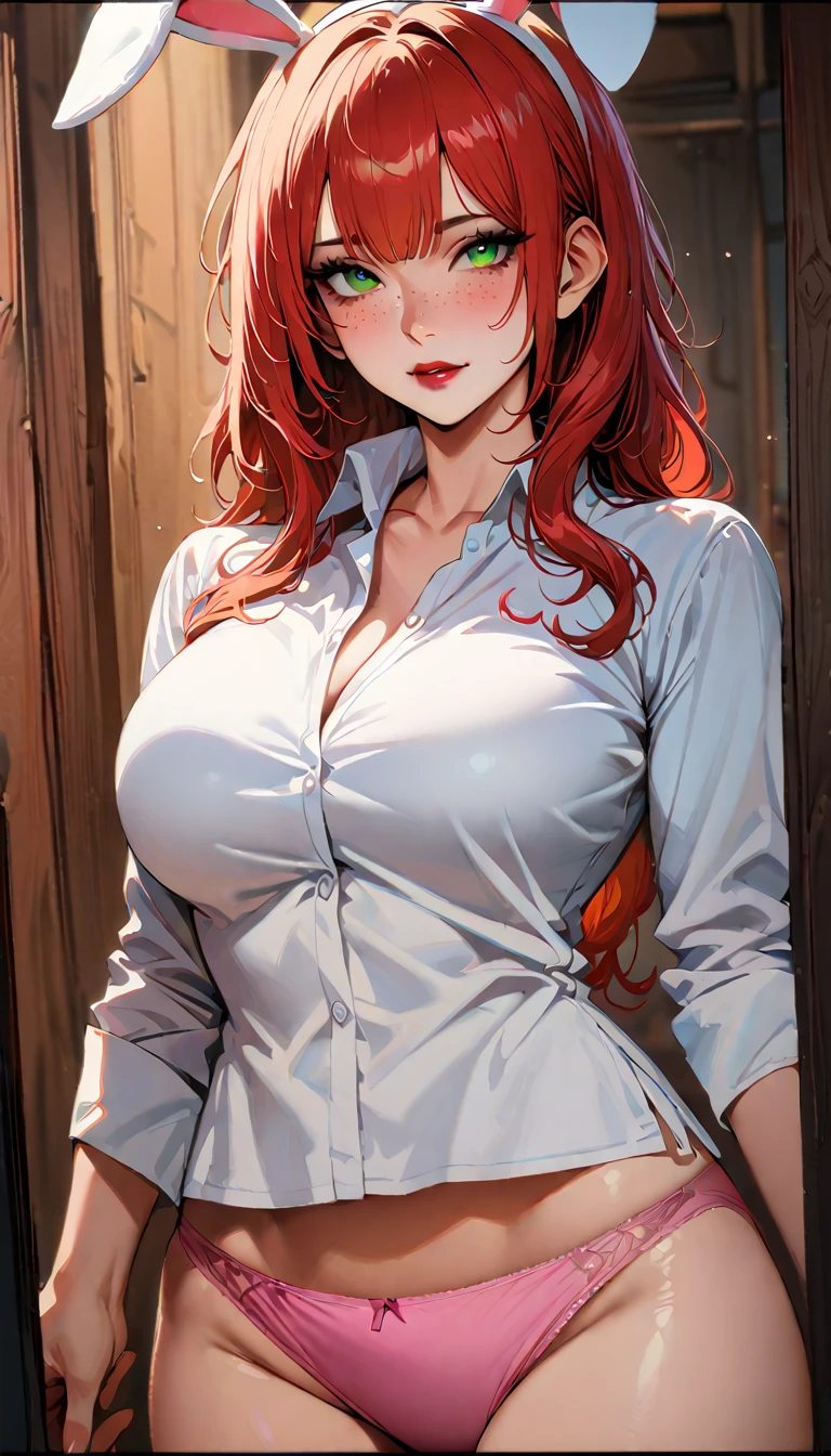 (high quality, 8k, 4K, high contrast, artwork:1.2, high quality, best aesthetics), (centered), ((1 woman)), erotic, sensual, mature body, grown woman, super detailed, beautiful face detailed, beautiful eyes detailed, detailed beautiful mouth, (long wavy red hair), (green eyes), (freckles), (red eyeshadow), (black eyeliner), (red lipstick), (blushing), (calm expression), (pair of white bunny ears), (simple white shirt), (pink panties), (inside a bedroom), (standing), (straight posture), (front view of woman), (big breasts)