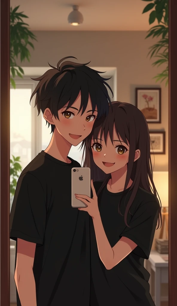 Create an image of a thin (both) 21-year-old anime boy and his 21-year-old sister taking a mirror selfie together. The boy, dressed in a modern plane (without text) black shirt, stands playful beside his sister, who is wearing a black t-shirt (without text) with a playful and cheerful expression. They are both facing the mirror, with the sister 'holding' the 'phone' to capture the moment. The background is a stylish, well-lit room, reflecting their close sibling bond and the fun, relaxed atmosphere of the scene.