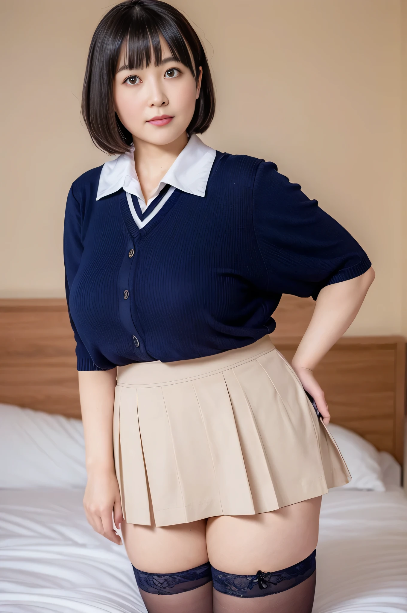 japanese high school uniform,Lift up your skirt,Big Breasts,Plump figure,Cute Face,awkward,Bob Hair,On the bed, very nice,Attractive adult,Adult female,((panty shot, up skirt))