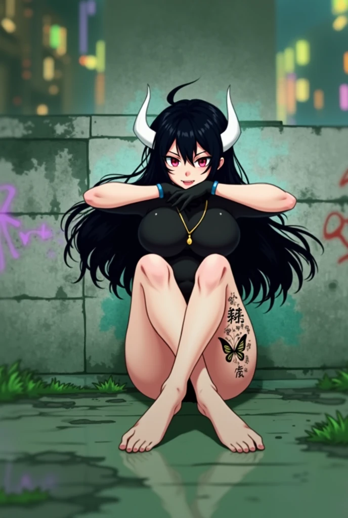 Anime mommy with black hair and messy in the front and white horns and sexy bouit, with red eyes And a naughty face Also put big butterfly oo On one thigh and Japanese letters on the other thigh