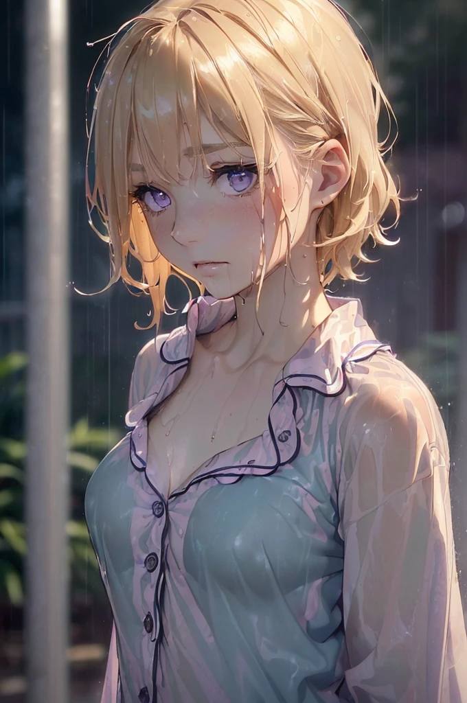 ((Naked)), (master quality, amazing detail, amazing eyes), (((raining, heavy rain, soaking wet, very wet, drenched, lots of rain drops), Deep teal pyjamas, ((deep teal pyjamas)), ((depressed purple eyes)), 1girl, wearing nothing but a teal coloured buttoned-up pyjama top, (teal shirt, Teal coloured top, pyjama shirt, naked, with amazingly beautiful purple eyes, (short caramel-blonde hair), B-cup breasts, small chest, slender body, short hair, outside, nighttime, soaking wet, drenched with rain, raindrops, heavy rain, lots of rain, very dark, comfy looking pyjama top. very dark nighttime, the sole source of light is an amber street light, totally nude except for her soaking wet and detailed pyjama shirt, soaking wet, soaking wet hair, hair clinging to her face, dripping wet hair, water dripping off her soaked hair, street, pavement, town, (Very dark image, very dark nighttime, barely illuminated by dull amber light), short pyjama shirt, short buttoned pyjama top, detailed Pyjama top, very small chest, petit, B-cup breasts, covered chest, ((Tiny chest)), ((Detailed pyjamas, fully buttoned up)),