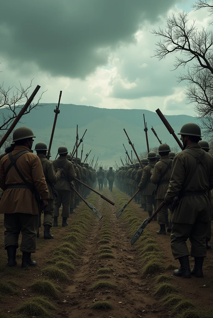 A scene of conflict, with peasants defending their land with farm tools while National Guard soldiers advance