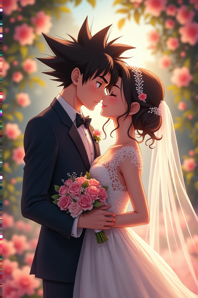A Goku in a wedding suit is kissing Minami Fuyuki, who is wearing a wedding dress, and they are kissing.