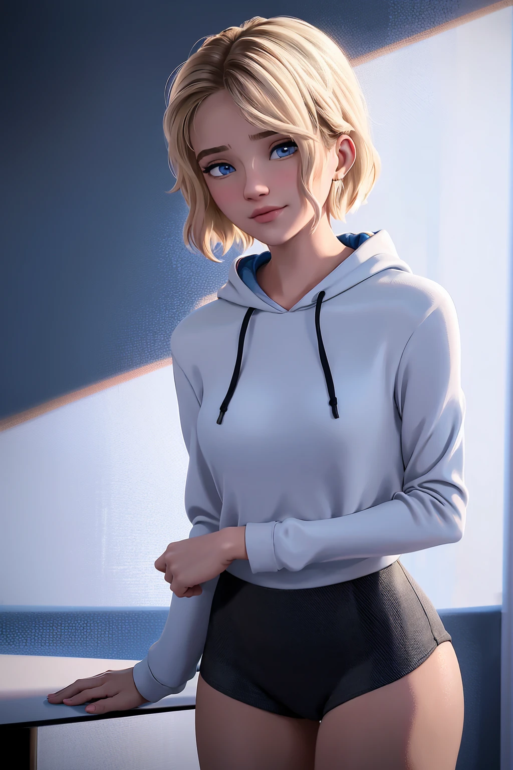 (Best Quality, Masterpiece),sexy, erotic, 1girl, solo, 1 girl, solo, 18 years old, Contempt, pride, short hair, blue eyes, looking at viewer, warm light, standing, small breasts, smirk, sexy, oversized hoodie, no panties,
