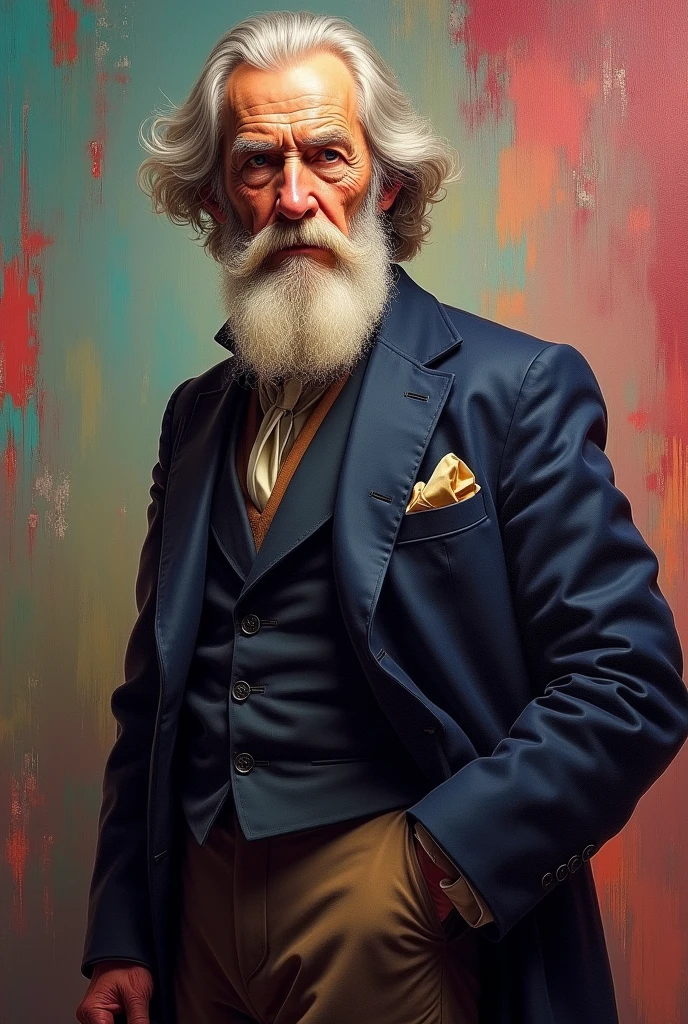 (best quality,4k,8k,highres,masterpiece:1.2),ultra-detailed,(realistic,photorealistic,photo-realistic:1.37),Alfred Lord Tennyson
,gradient hair,gradient beard, jawline,sharp features,piercing eyes,intense gaze,distinguished appearance,sophisticated look,wise expression,wisdom and experience,confident smile,stylish outfit,fashionable attire,casual elegance,modern and classy,standing against a colorful abstract background,subtle lighting,soft shadows,rich color palette,vibrant hues,contrasting tones,artistic style,impressionist touch,elegant brushstrokes,texture and depth,realistic rendering,sophisticated details,meticulous attention to facial features,subtle wrinkles and lines,highly defined hair strands,perfectly groomed beard,fine skin texture and pores,detailed clothing folds and patterns,aesthetic composition,balanced and harmonious,fine art quality,painted on a canvas,portrait format,a masterpiece capturing the essence of age and wisdom.