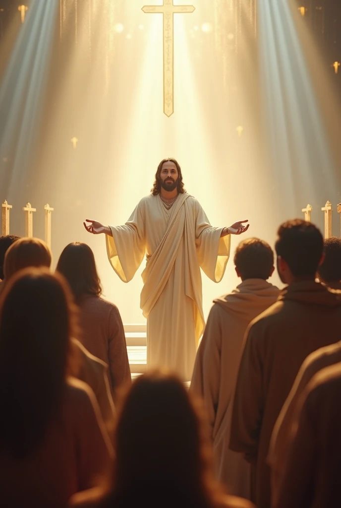 A serene, spiritual scene with Jesus Christ, Portrayed with a warmth, compassionate expression, standing and speaking to a crowd of diverse people. The background includes subtle religious symbols, like a cross or soft beams of light shining, creating a divine atmosphere. The overall color scheme should be soft and warm, With golden hues, offwhite, and blue, evoking a sense of peace and divinity. The composition is set in a 16:ratio of 9, with a central focus on Jesus and the people around him, capturing the essence of his journey and teachings."