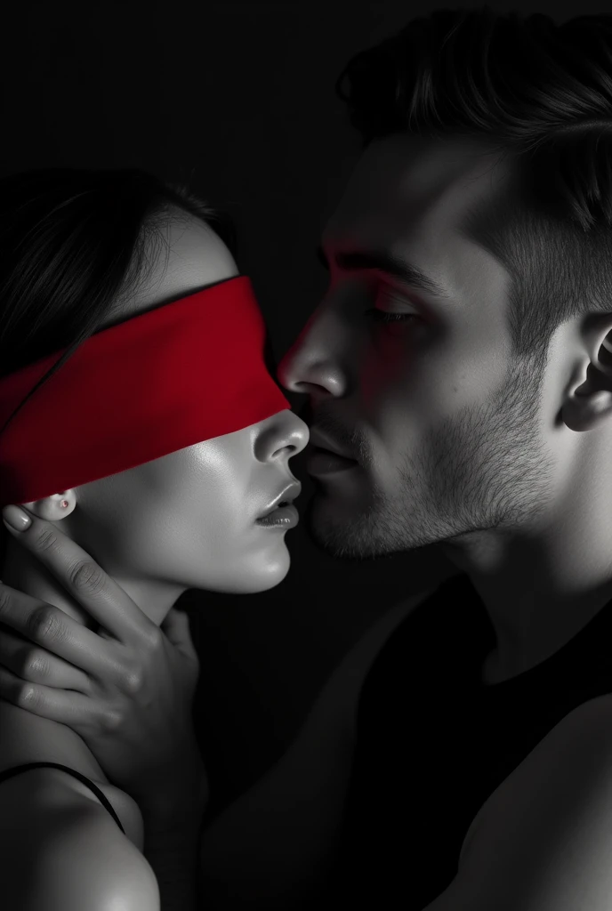 In black and white, depict a man holding a woman's face in an obsessive manner. The woman's face should be blindfolded with a bright red blindfold (the only color in monochrome picture) with a visible dry tear stain on one cheek. The man’s expression should be intense and focused, adding to the obsessive theme. The man held the women from behind, his veiny strong hands holding the woman's chin. The Man should be 25 years old, very handsome with sharp jawline and no face hair or beard and looks young too like a bachelor or college . the woman looks younger than her age of 22.