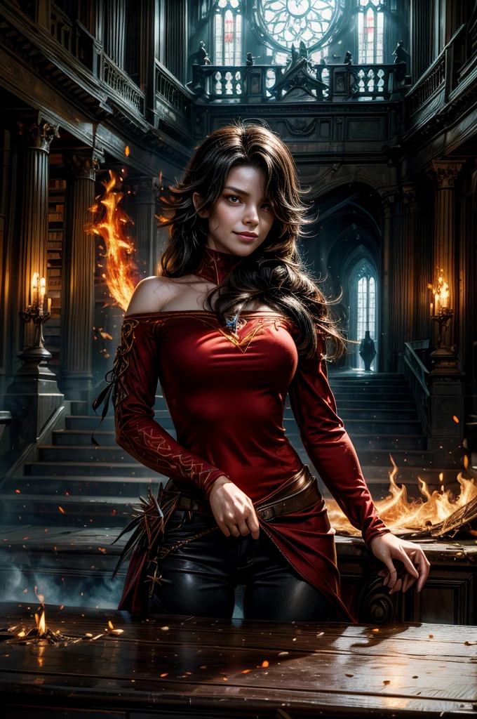 (masterpiece, best quality:1.2), cowboy shot, solo, 1girl, cinder fall, evil smile,holding flames, looking at viewer, long hair, white suit, red shirt, tie, standing in huge wrecked gothic library, debris, fire, crowd (volumetric lighting), sharp focus, hyper detailed