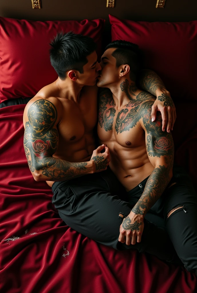 Topless 6 pack guy kissing another topless 6 pack guy , Two guys touched each other's chests and they were lying on the bed. , Both of you are Japanese Yakuza. , 2 hands touching each other's penis , 2 tay mò vô trong quần , The two of you tore each other's pants.