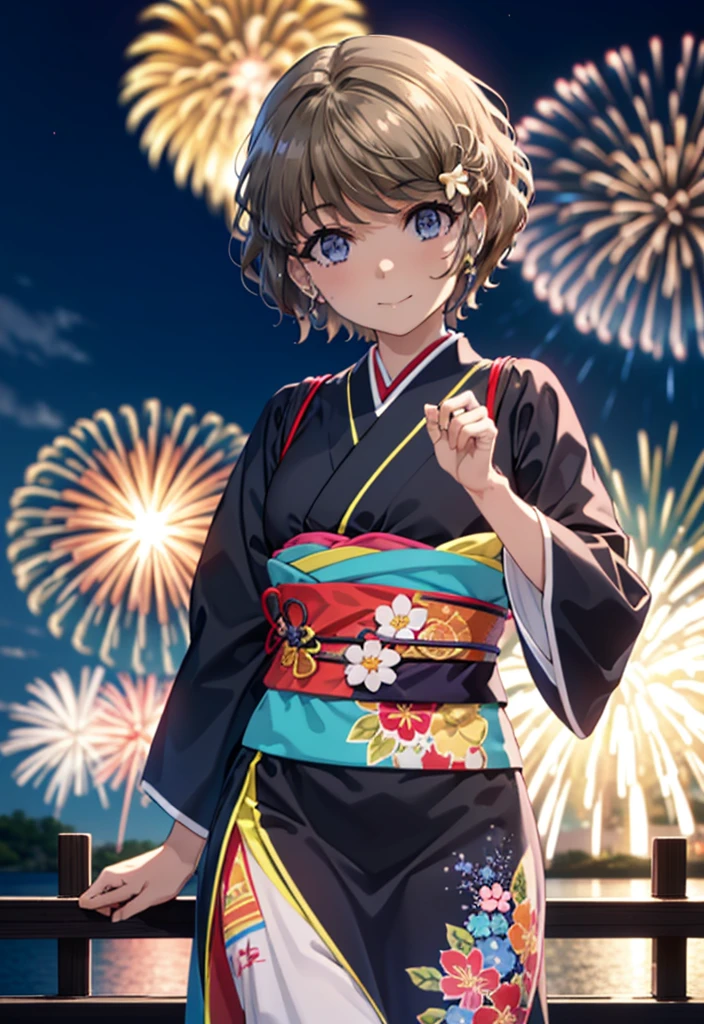 tomoekoga, Chie Koga, short hair, Brown Hair, blue eyes, Flower Hair Ornaments,smile,black kimono,Wide sleeves,日本のFestivalり,夏Festivalりの屋台,Red lantern,Fireworks in the night sky,Fireworks、The place is a fireworks display,Time is night,sunny day,turn around,whole bodyがイラストに入るように
break outdoors,Festival ,
break looking at viewer, whole body,(Cowboy Shot:1.5),
break (masterpiece:1.2), Highest quality, High resolution, unity 8k wallpaper, (figure:0.8), (Beautiful attention to detail:1.6), Highly detailed face, Perfect lighting, Highly detailed CG, (Perfect hands, Perfect Anatomy),