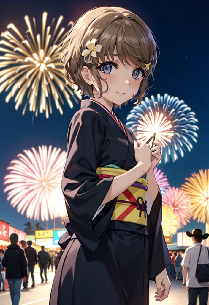 tomoekoga, Chie Koga, short hair, Brown Hair, blue eyes, Flower Hair Ornaments,smile,black kimono,Wide sleeves,日本のFestivalり,夏Festivalりの屋台,Red lantern,Fireworks in the night sky,Fireworks、The place is a fireworks display,Time is night,sunny day,turn around,whole bodyがイラストに入るように
break outdoors,Festival ,
break looking at viewer, whole body,(Cowboy Shot:1.5),
break (masterpiece:1.2), Highest quality, High resolution, unity 8k wallpaper, (figure:0.8), (Beautiful attention to detail:1.6), Highly detailed face, Perfect lighting, Highly detailed CG, (Perfect hands, Perfect Anatomy),