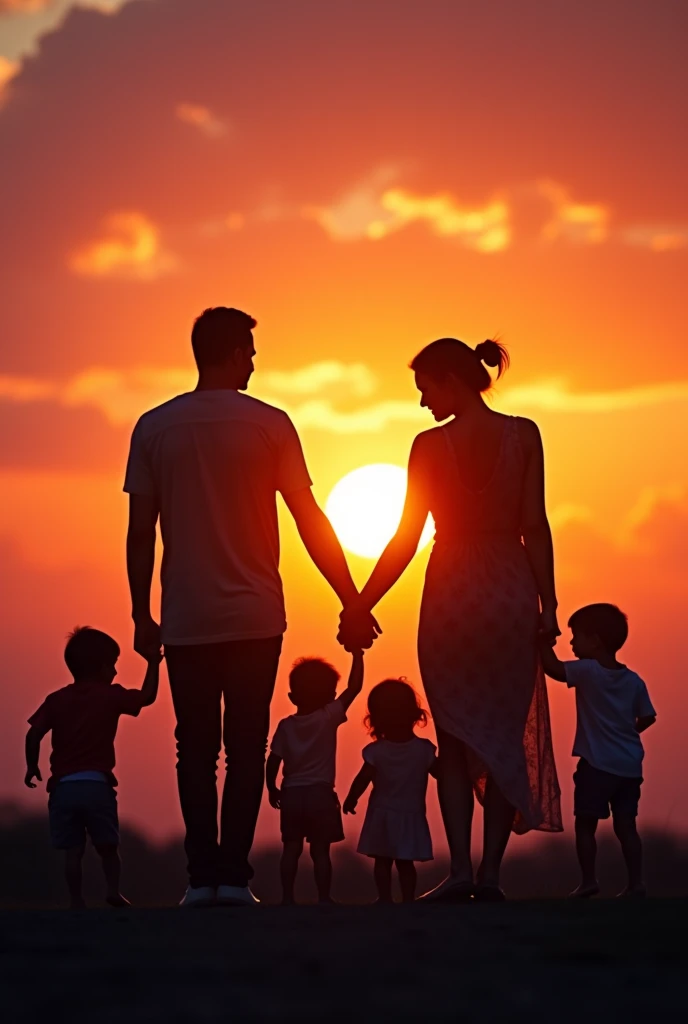 Silhouette man and wife with three boys one toddler girl and a baby