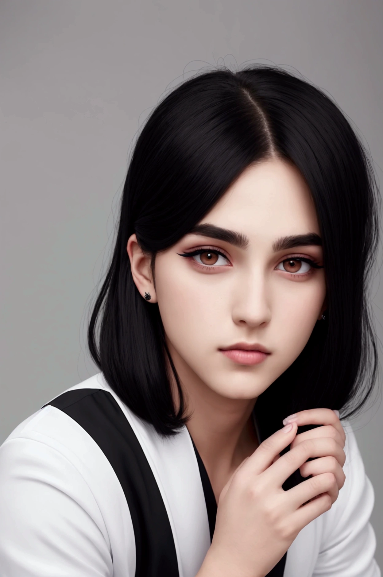 Adult boy with black, white with feminine clothes and features and with makeup