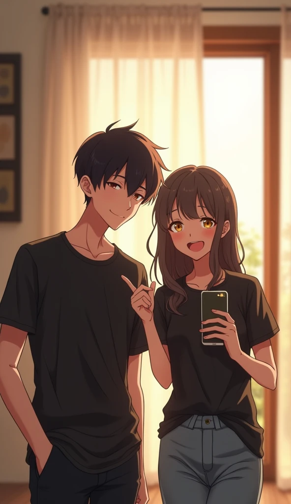 Create an image of a thin (both) 21-year-old anime boy and his 21-year-old sister taking a mirror selfie together. The boy, dressed in a modern plane (without text) black shirt, stands playful beside his sister, who is wearing a black t-shirt (without text) with a playful and cheerful expression. They are both facing the mirror, with the sister 'holding' the 'phone' to capture the moment. The background is a stylish, well-lit room, reflecting their close sibling bond and the fun, relaxed atmosphere of the scene.