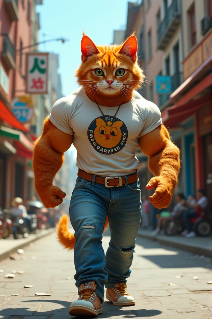A muscular cat, like human, wearing t shirt and jeans, walking with proud