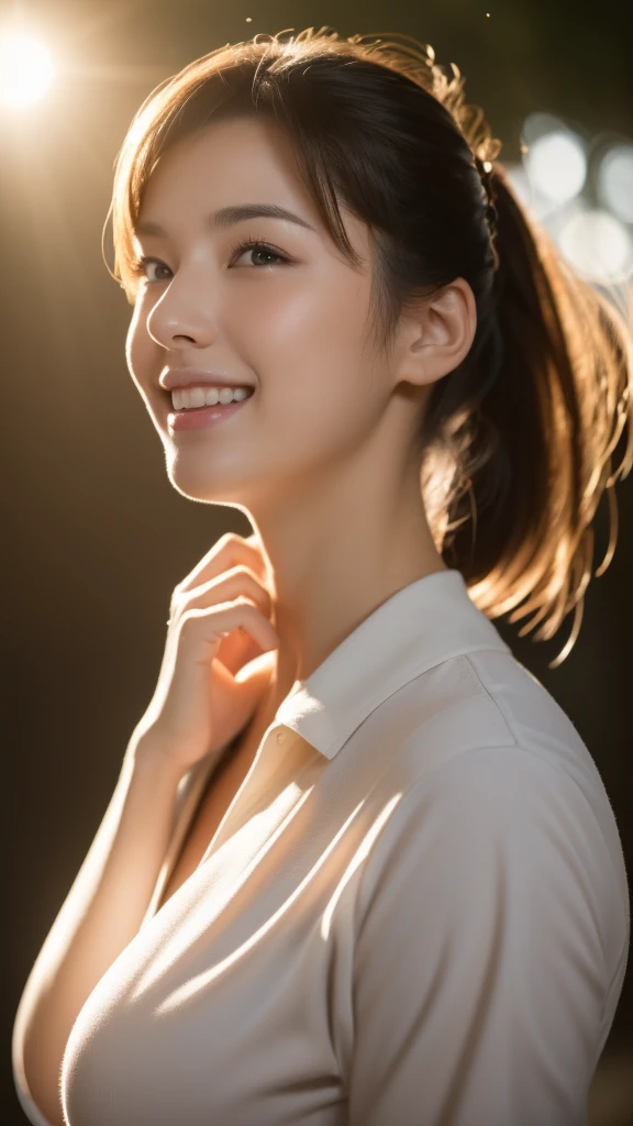 (highest quality,masterpiece:1.3,ultra high resolution),(Super detailed,caustics,8k),(photorealistic:1.4,RAW shooting),1 girl,(smile and look down at the camera),(front shot:1.1),(face forward),18-year-old,cute,Japanese,black short ponytail,school uniform,glamorous,(big boobs),( close up),(breast focus),street,sunshine,Natural light,(Backlight),(A bright light shines from behind),(Lens flare),professional writing,(cowboy shot),(low position:1.3),(Low - Angle:1.3)