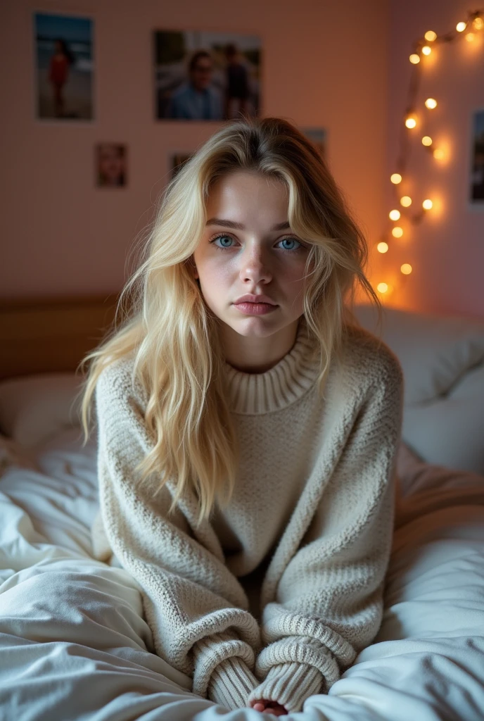 Realistic photo of a selfie of a blonde model, 19 years old in her bedroom. She's wearing a sweater. She's sitting up in bed. The model is sad.