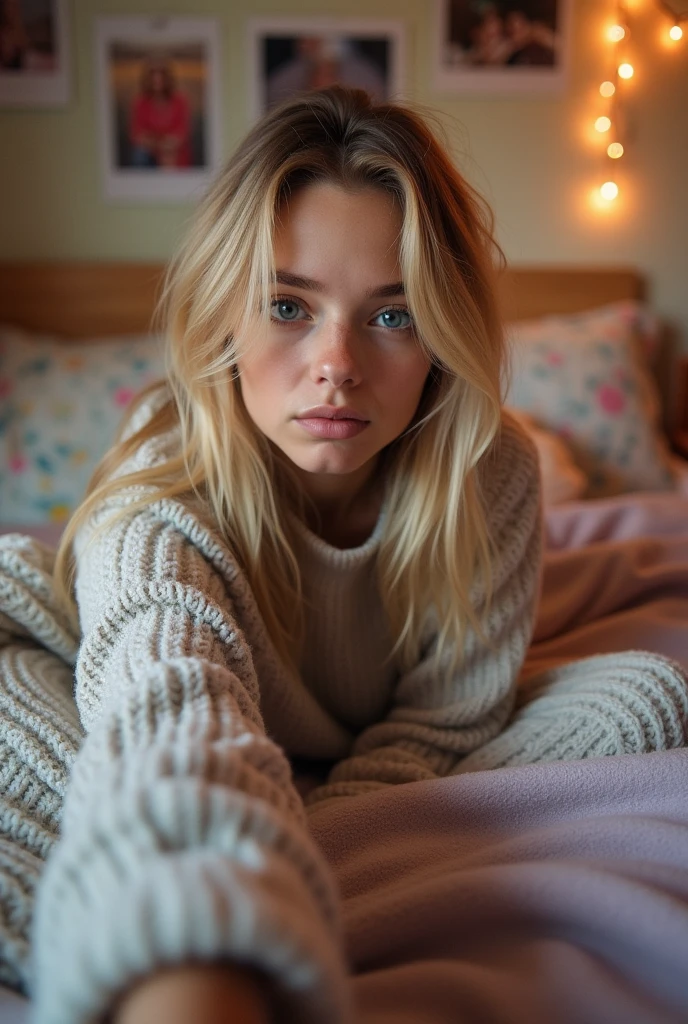 Realistic photo of a selfie of a blonde model, 19 years old in her bedroom. She's wearing a sweater. She's sitting up in bed. The model is sad.
