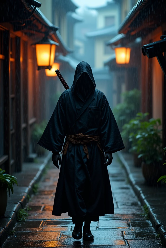 Ninja, in the middle of shadows, sword in his back, empty hands, all black, in a old japan alley, in rain at midnight