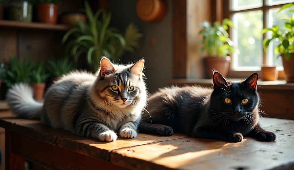give me 2 cats on rustic table from the 1800s