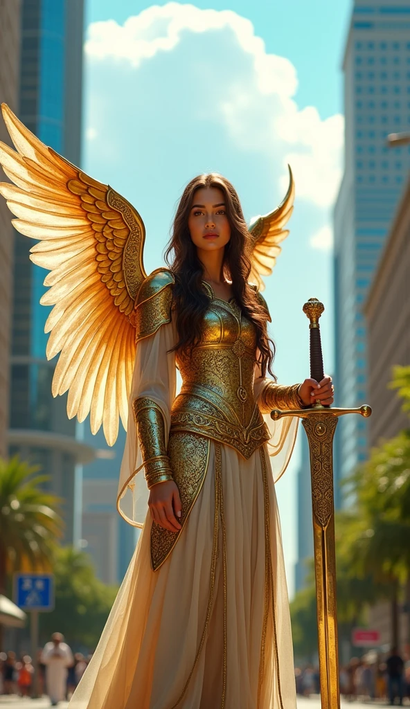Very beautiful female angel, Standing in a modern Iranian city, Daytime, wearing ancient Persian gold armor, Hold your sword