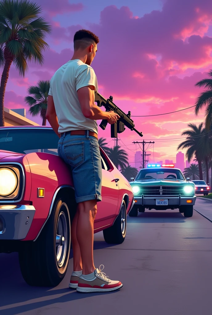 GTA V Art Style, A white man, thin build, Caesar cut hair, Wearing White T-shirt, man in denim shorts and old sneakers holds a submachine gun while hiding behind a vintage 70s car., Police cars approaching in the background, Miami Suburbs, shades of purple and pink, colorful illustration