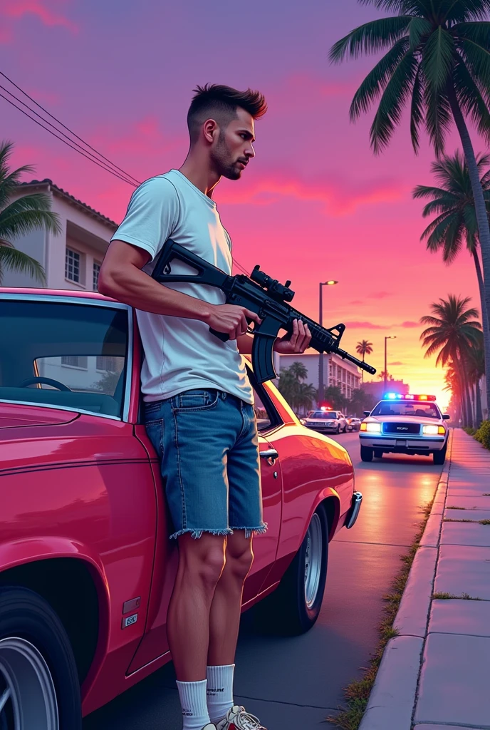 GTA V Art Style, A white man, thin build, Caesar cut hair, Wearing White T-shirt, man in denim shorts and old sneakers holds a submachine gun while hiding behind a vintage 70s car., Police cars approaching in the background, Miami Suburbs, shades of purple and pink, colorful illustration