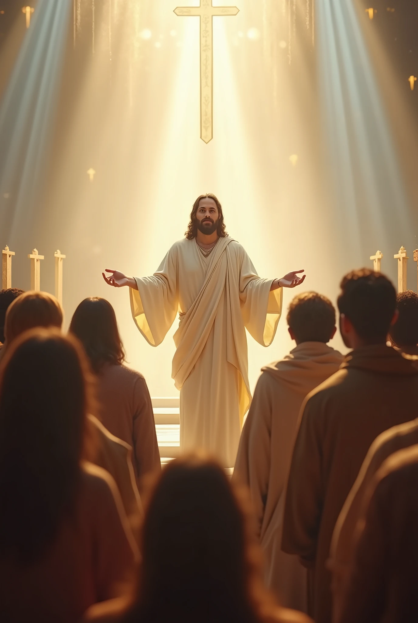 A serene, spiritual scene with Jesus Christ, Portrayed with a warmth, compassionate expression, standing and speaking to a crowd of diverse people. The background includes subtle religious symbols, like a cross or soft beams of light shining, creating a divine atmosphere. The overall color scheme should be soft and warm, With golden hues, offwhite, and blue, evoking a sense of peace and divinity. The composition is set in a 16:ratio of 9, with a central focus on Jesus and the people around him, capturing the essence of his journey and teachings."
