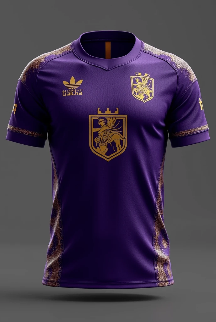 make a dark purple team shirt, with gold details on the sleeve, Naked, shield and sponsor. Make it with a better fabric, without being smooth.