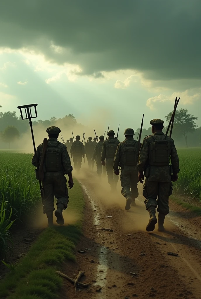 A scene of conflict, with peasants defending their land with farm tools while National Guard soldiers advance