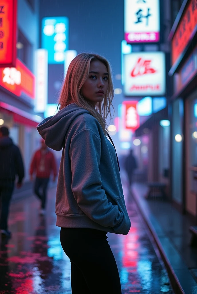 Young adult Asian Indigenous woman with shoulder-length blonde hair and white skin., violet eyes. annoyed. escaping, She wears a gray hoodie and black leggings, cyberpunk style