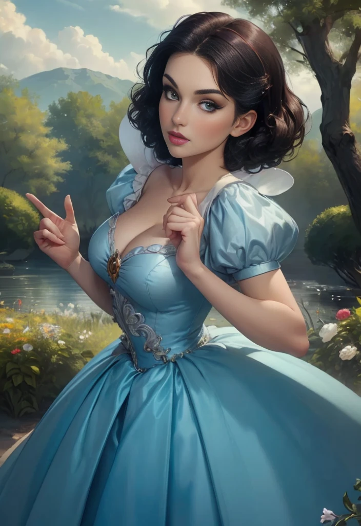 Lucy Pinder as Disney Princess Snow White, 1female, ((top quality, 8k, masterpiece:1.3)), UHD, high resolution photography, in flower garden, trees, ground, blue sky, clouds, dressed in princess dress (((nice hands))), (((perfect hands))), ((Very defined face)), (perfect face, narrow lips, expressive eyes, eyeliner, eyeshadow, blush), narrow waist, (((((looking at viewer))))), (((((centered))))), (((head in photo))), {(((((full-body-shot:0.65)))))}, DisneySnowWhite