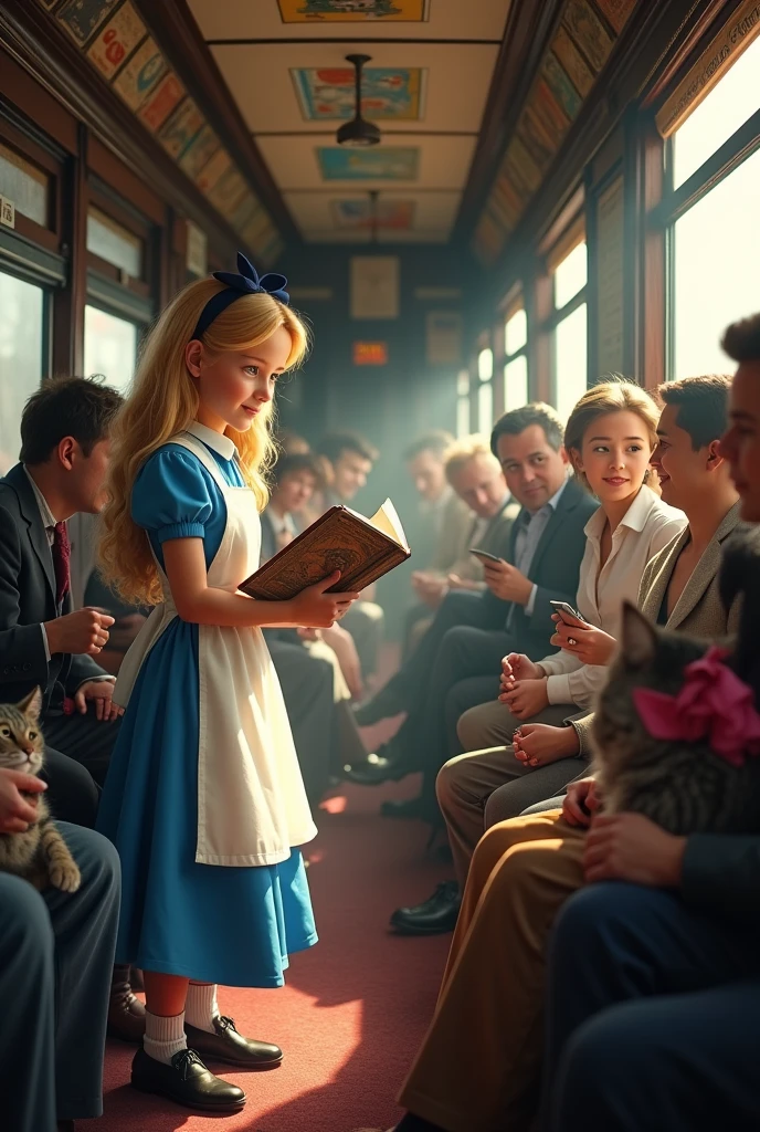 The train announcer is speaking and Alice from Wonderland is listening inside the crowded train.
