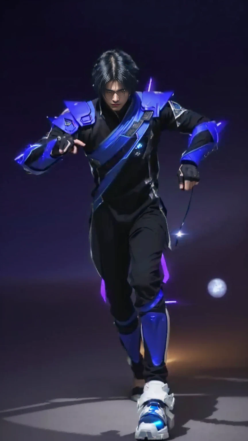a close up of a person in a blue and black outfit, ninja outfit, energetic varia suit, young shadow mage male, shamanistic dark blue clothes, epic ninja suit, lunar themed attire, black and violet costume, cyberpunk flame suit, magic uniform, this character has cryokinesis, demon black blue purple, as a character in tekken, sigma from overwatch