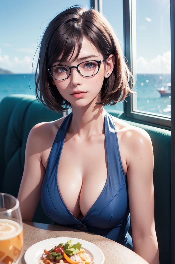 tomboy, solo, (very short hair, pixie cut, brown hair), circle-glasses, cute girl, perfect female body, big breasts, cleavage, toned stomach, Photo Realistic, Highest Quality, Ultra-High Resolution, RAW Photos, Realistic, Bright Lighting, Face Light, Smooth Professional Lighting, 1woman, 25yo, Beautiful Woman, Japanese Idols, Super Beauty, Realistic Skin, Realistic Skin, Realistic Eyes and Faces, Perfect Model Body Shape, Beautiful Eyes, Big Eyes, Inconspicuous Tear Bags, (((glasses))), glossy pink lips, slim, big breasts, very good, no makeup, beautiful fingers, brown hair, brown eyes, seems to be happy, (both ears are hidden by hair), Illustration of a girl in a restaurant with an ocean view, The character is wearing summery, refreshing clothes and sitting at a window seat., She is enjoying her meal with a relaxed expression, gazing at the beautiful sea stretching out beyond the window., Delicious looking food and drinks are lined up on the table, and in the background is the blue sea and sky with gentle waves lapping on the shore., anatomically correct, textured skin, super detail, high details, high quality