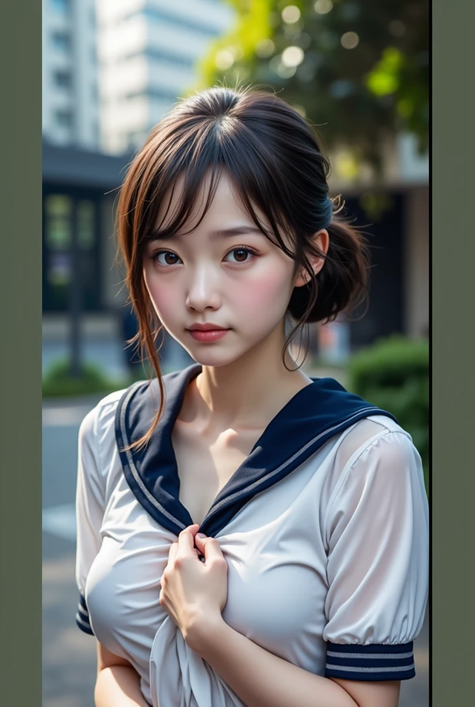 Realistic glowing skin, (sweating:1.4),Stand backwards,Look back at your face,Always look at the camera, (When the uniform gets wet with sweat, it becomes transparent..:1.4),(sweating:1.2)
Classic black and white sailor uniform,Summer clothes,Cold look,Cold Stare,Black Hair,short hair,Tie your hair short,Silky translucent white skin,best Realistic depiction,(Very detailed美しい顔), Great face and eyes, (Highest quality:1.4), (Very detailedな), (Very detailed CG 統合 8k 壁紙), Very detailed, High resolution raw color photos, Professional photography, Realistic portrait,
(Detailed RAW photos of the girl's whole body), Canon EOS R5 250mm, Sharp focus, Cinema Lighting, (No makeup:1.2), Fine skin, Delicate collarbone,Fine texture of the sailor uniform,Very Realistic sailor uniform texture,(Ultra-high resolution:1.6), (Realistic:1.6),