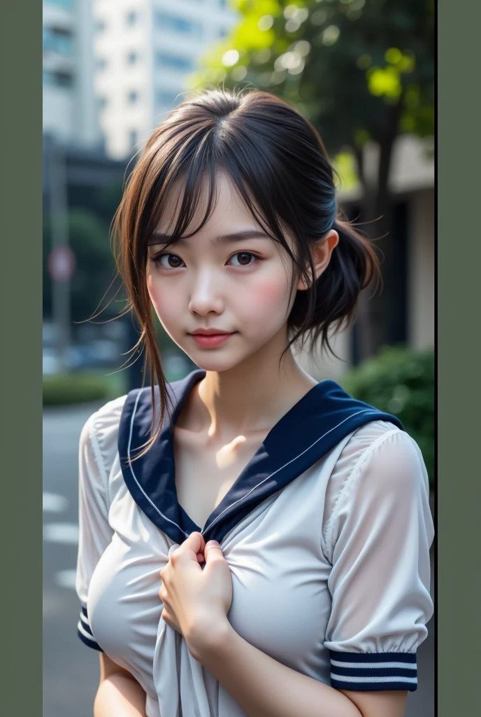 Realistic glowing skin, (sweating:1.4),Stand backwards,Look back at your face,Always look at the camera, (When the uniform gets wet with sweat, it becomes transparent..:1.4),(sweating:1.2)
Classic black and white sailor uniform,Summer clothes,Cold look,Cold Stare,Black Hair,short hair,Tie your hair short,Silky translucent white skin,best Realistic depiction,(Very detailed美しい顔), Great face and eyes, (Highest quality:1.4), (Very detailedな), (Very detailed CG 統合 8k 壁紙), Very detailed, High resolution raw color photos, Professional photography, Realistic portrait,
 (Detailed RAW photos of the girl&#39;s whole body), Canon EOS R5 250mm, Sharp focus, Cinema Lighting,  (No makeup:1.2), Fine skin, Delicate collarbone,Fine texture of the sailor uniform,Very Realistic sailor uniform texture,(Ultra-high resolution:1.6), (Realistic:1.6), 