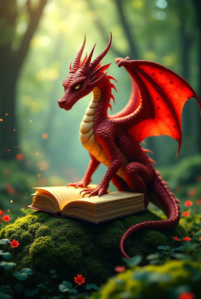 Enchanted forest with a red dragon and a golden magic book.