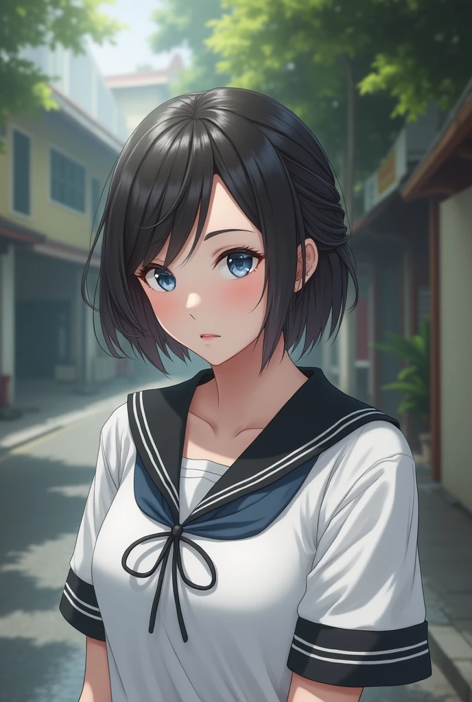 Realistic glowing skin, (sweating:1.4),Stand backwards,Look back at your face,Always look at the camera, (When the uniform gets wet with sweat, it becomes transparent..:1.4),(sweating:1.2)
Classic black and white sailor uniform,Summer clothes,Cold look,Cold Stare,Black Hair,short hair,Tie your hair short,Silky translucent white skin,best Realistic depiction,(Very detailed美しい顔), Great face and eyes, (Highest quality:1.4), (Very detailedな), (Very detailed CG 統合 8k 壁紙), Very detailed, High resolution raw color photos, Professional photography, Realistic portrait,
 (Detailed RAW photos of the girl&#39;s whole body), Canon EOS R5 250mm, Sharp focus, Cinema Lighting,  (No makeup:1.2), Fine skin, Delicate collarbone,Fine texture of the sailor uniform,Very Realistic sailor uniform texture,(Ultra-high resolution:1.6), (Realistic:1.6), 