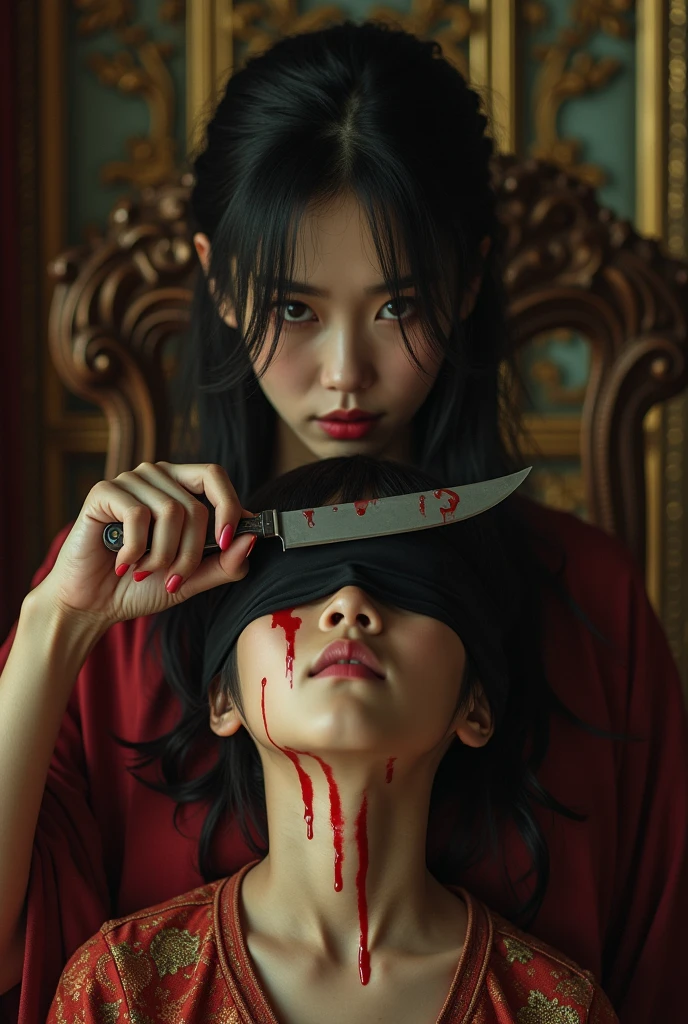 Chinese, very cute beautiful young woman, stuck a knife in his throat of a boy blindfold bloody in n eck sadism, luxury house