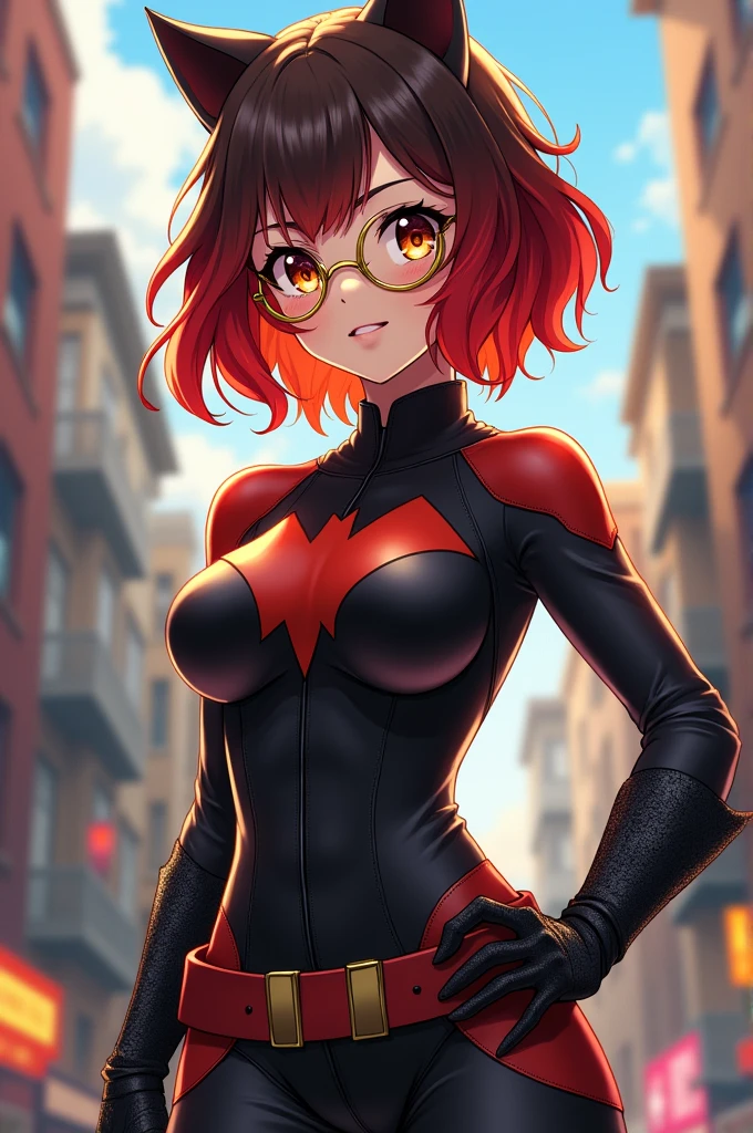 Anime girl in the style of My Hero Academia, short wavy hair in two tones (red on top and brown on the bottom) She wears a heroine costume like Catwoman with high boots, and large breasts and wears round golden glasses, with brown eyes and lace gloves