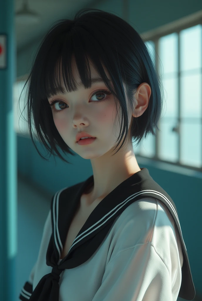 Realistic glowing skin, (sweating:1.4),Stand backwards,Look back at your face,Always look at the camera, (When the uniform gets wet with sweat, it becomes transparent..:1.4),(sweating:1.2)
Classic black and white sailor uniform,Summer clothes,Cold look,Cold Stare,Black Hair,short hair,Tie your hair short,Silky translucent white skin,best Realistic depiction,(Very detailed美しい顔), Great face and eyes, (Highest quality:1.4), (Very detailedな), (Very detailed CG 統合 8k 壁紙), Very detailed, High resolution raw color photos, Professional photography, Realistic portrait,
(Detailed RAW photos of the girl's whole body), Canon EOS R5 250mm, Sharp focus, Cinema Lighting, (No makeup:1.2), Fine skin, Delicate collarbone,Fine texture of the sailor uniform,Very Realistic sailor uniform texture,(Ultra-high resolution:1.6), (Realistic:1.6),