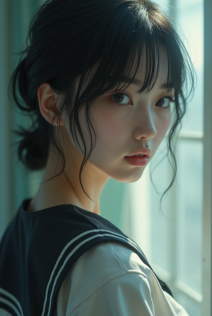 Realistic glowing skin, (sweating:1.4),Stand backwards,Look back at your face,Always look at the camera, (When the uniform gets wet with sweat, it becomes transparent..:1.4),(sweating:1.2)
Classic black and white sailor uniform,Summer clothes,Cold look,Cold Stare,Black Hair,short hair,Tie your hair short,Silky translucent white skin,best Realistic depiction,(Very detailed美しい顔), Great face and eyes, (Highest quality:1.4), (Very detailedな), (Very detailed CG 統合 8k 壁紙), Very detailed, High resolution raw color photos, Professional photography, Realistic portrait,
(Detailed RAW photos of the girl's whole body), Canon EOS R5 250mm, Sharp focus, Cinema Lighting, (No makeup:1.2), Fine skin, Delicate collarbone,Fine texture of the sailor uniform,Very Realistic sailor uniform texture,(Ultra-high resolution:1.6), (Realistic:1.6),