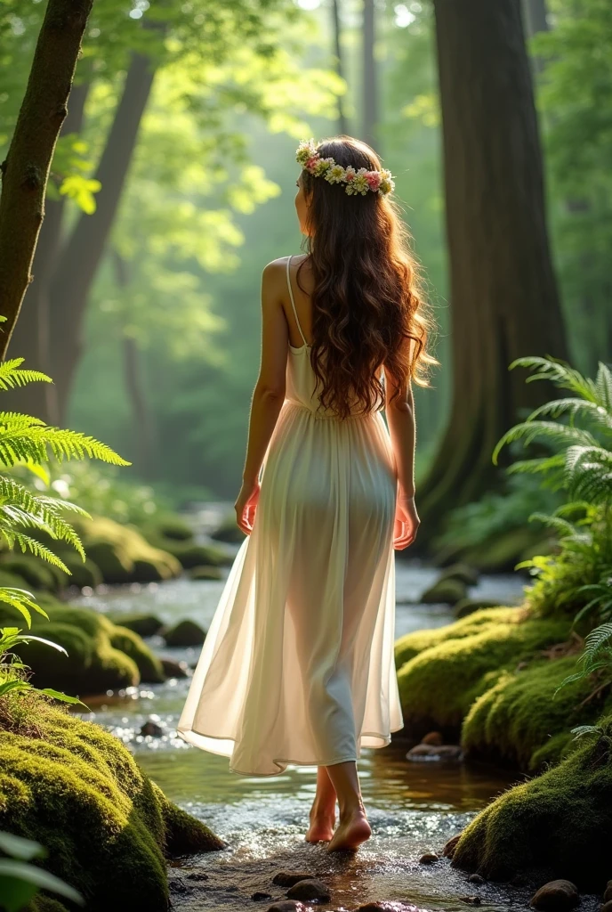 woman with bare feet in the forest