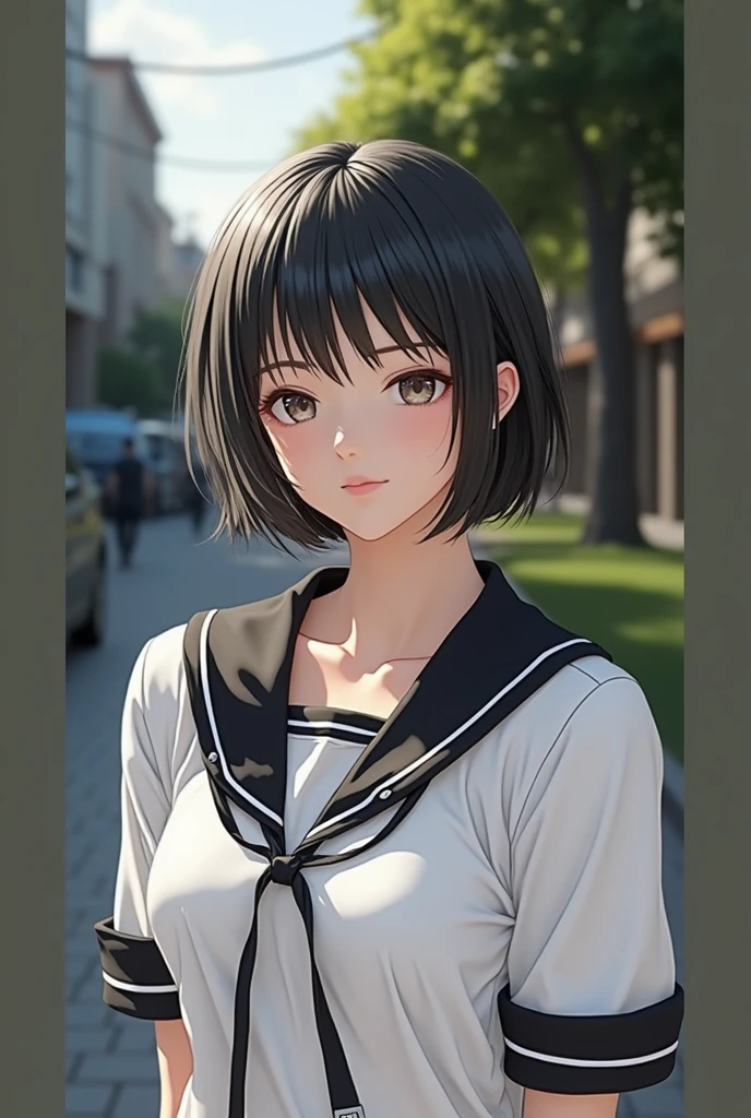 Realistic glowing skin, (sweating:1.4),Stand backwards,Look back at your face,Always look at the camera, (When the uniform gets wet with sweat, it becomes transparent..:1.4),(sweating:1.2)
Classic black and white sailor uniform,Summer clothes,Cold look,Cold Stare,Black Hair,short hair,Tie your hair short,Silky translucent white skin,best Realistic depiction,(Very detailed美しい顔), Great face and eyes, (Highest quality:1.4), (Very detailedな), (Very detailed CG 統合 8k 壁紙), Very detailed, High resolution raw color photos, Professional photography, Realistic portrait,
 (Detailed RAW photos of the girl&#39;s whole body), Canon EOS R5 250mm, Sharp focus, Cinema Lighting,  (No makeup:1.2), Fine skin, Delicate collarbone,Fine texture of the sailor uniform,Very Realistic sailor uniform texture,(Ultra-high resolution:1.6), (Realistic:1.6), 