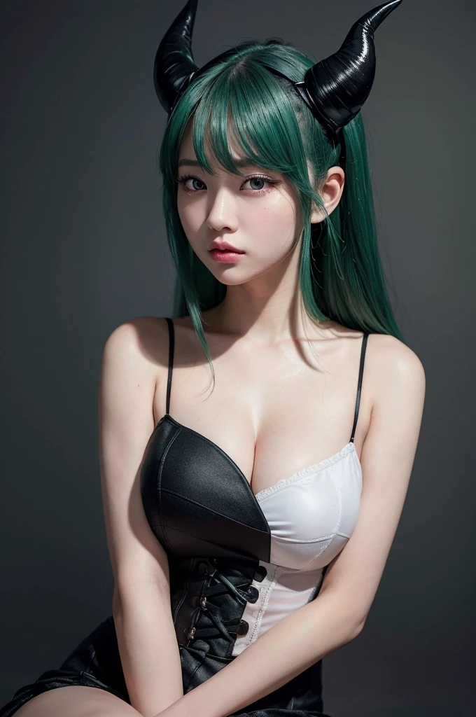 The character is a Japanese beauty, depicted in a hyper-realistic photorealistic style.、She sits against a dark and mysterious backdrop,。she has glowing green hair,、and she wears a black corset-like dress.。and large, black, devilish horns sprout from her head.、with large black wings spread behind her.。Her eyes are a vibrant green,、Her expression conveys a strong will,。The lighting is soft、The focus is adjusted to highlight her face and chest,、highlighting her beautiful features in contrast to the dark background.。Consists of a vertical screen、The character's details are meticulously rendered,、enhancing the overall realism.。
