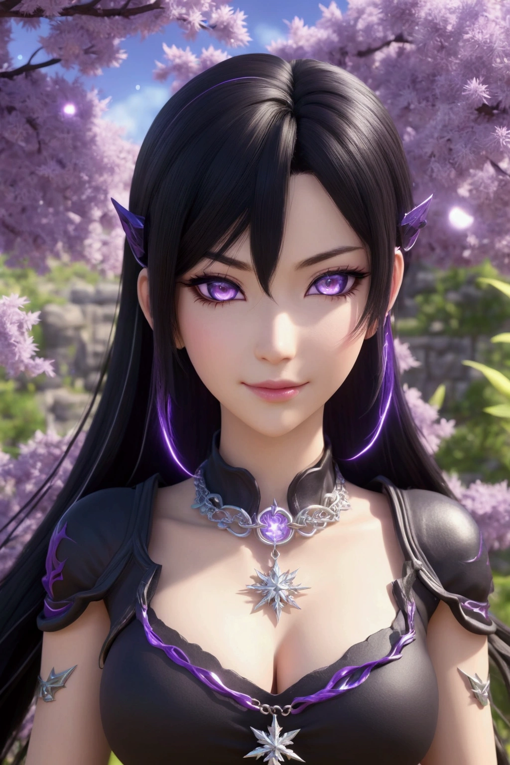 anime human woman. half-up long black hair. fair skin. glowing purple eyes. gigantic boobs. FFXIV clothes. snowflake and lightning bolt necklace. softly smiling mauve lips. Realism style. 3D anime model style. CGI animation. FFXIV style. Floral Garden background.
